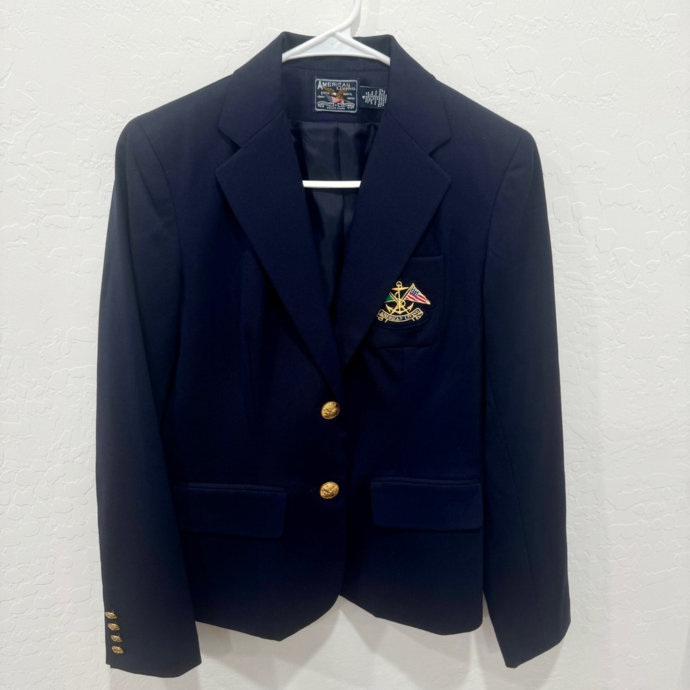 American Living Blazer Women 4 Two Button Gold Wool Embroidered Crest Academia